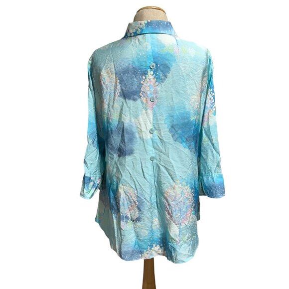 Shana Size Medium Fairy Tale Trees Button Up Aqua Blue Long Sleeve Coastal Shirt - Picture 13 of 14